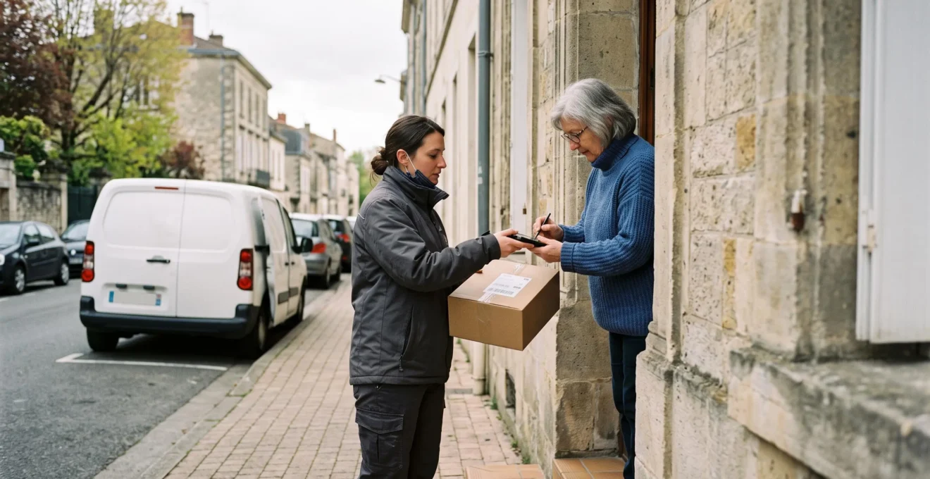 Un livreur remet un colis carton à un client qui signe sur un terminal électronique, devant l'entrée d'un immeuble résidentiel.