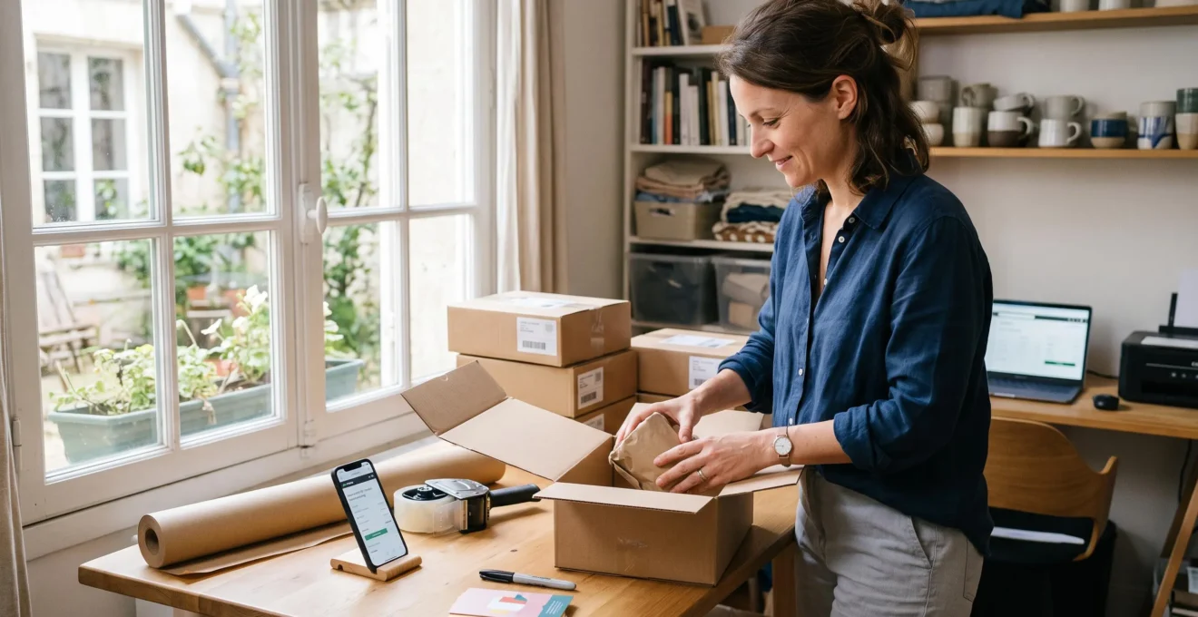 Une micro-entrepreneure emballe une commande dans un colis carton à son domicile, avec plusieurs colis préparés à côté.